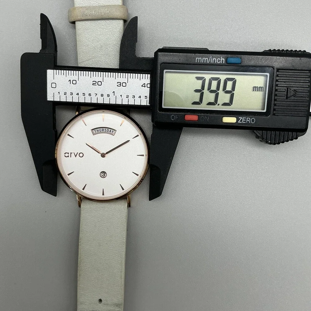 Arvo Mens Watch 40mm White Day Date The Awristacrat Leather Red Gold New Battery